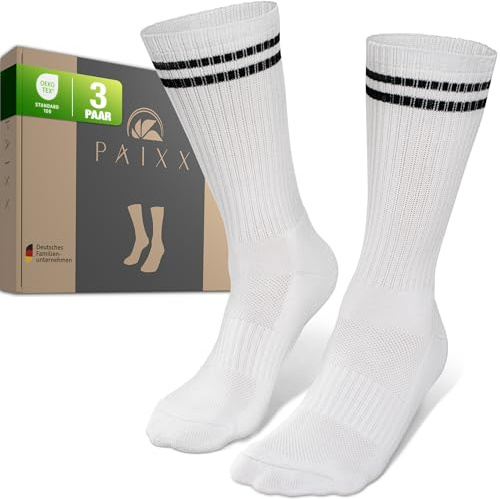 PAIXX Premium tennisstrumpor randiga, sportstrumpor vita, långa strumpor män 43–46 & kvinnor 39–42, vandringsstrumpor, vandringsstrumpor, löpstrumpor, bomullsstrumpor, vadderade, andningsbara – 3/6