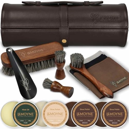 LEMOYNE Leather Shoe Shine Kit for Men - 13 PCS Shoe Polish Kit for Complete Leather Boot Care - Includes Brushes, Mink Oil, Cloths, and More - Perfect for Travel, Office, or Home Use, Brown &