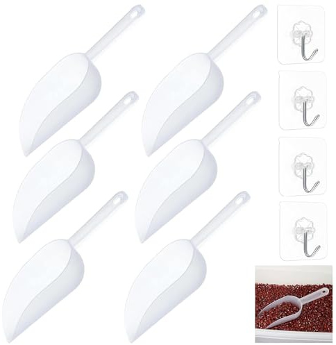 6pcs Kitchen Plastic Multi-Purpose Scoops with 4pcs Self Adhesive Hooks for Ice Cream, Flour, Sugar, Coffee Beans, Melon Seeds - Bar, Party, Wedding, Buffet