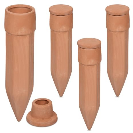 Relaxdays Tonkegel Bewässerung, 4er Set, Bewässerungshilfe mit Deckel, für 1,5 l Flaschen, Pflanzengießhilfe, terrakotta