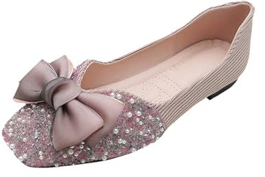 Ballerinaskor med rosett och pärlor dam halvskor party bröllop kvällsskor bekväma och eleganta mockasin mjuka bekväma nätballerinaskor fritidsskor idealiska för affärer och fritid, ROSA, 43 EU