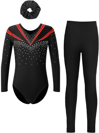 Fldy Kinder Mädchen Gymnastikanzug Langarm Mit Hose Lang Glitzer Turn Trikot Leggings Haargummi/Top 3er Tanzkleidung Set Rot&Schwarz&Haargummi 134-140