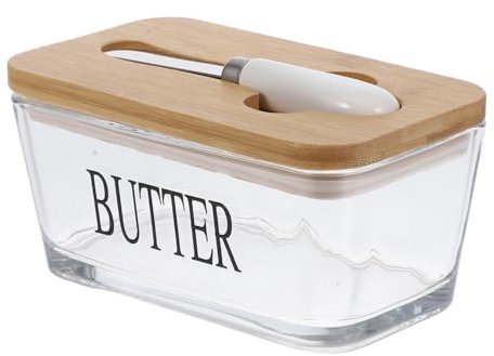 Amosfun Caja De Mantequilla De Vidrio Con Tapa De Bambú Mantequillera Para Refrigerador Soporte Para Mostrador Incluye Almacenamiento Para Cuchillos Para Cocina