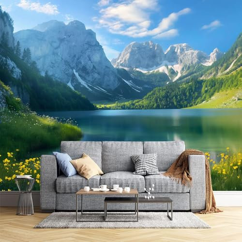 Grasland See Fototapete - Schnee Berg Landschaft - Größe 300X210Cm (Breite X Höhe) Wandtapete Tapete, Wandbild Wandtattoo Dekoration - Tapete, Kinderzimmer, Kindertapete