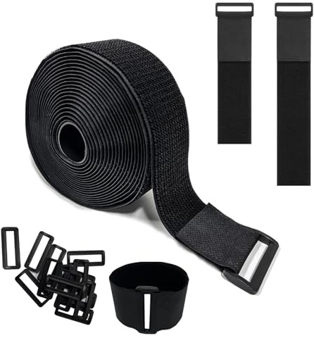 QQdou Adjustable Cable Straps, 1 Roll 5cm x 5m Heavy Duty Hook and Loop Strap with 15 Buckles, Black Reusable Strong Adhesive Fastening Cable Ties, Wire Management, Cord Organiser, Free Cut Length