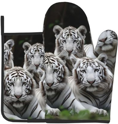waschbare Ofenhandschuh Viele Weiße Tiger Hitzebeständig Grillen Kochhandschuhe Oven Mitts für Backofen Kochen