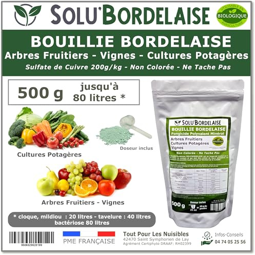 Solu'Bordelaise - 500 g - Bouillie Bordelaise Non Colorée - Fongicide Polyvalent Sulfate de Cuivre - Protection Arbres Fruitiers, Cultures Potagères, Vignes - Utilisable en Agriculture Biologique