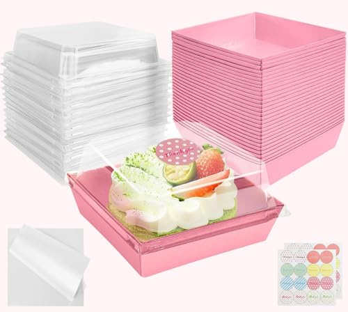 CoKeeSun 30PCS Cake Slice Boxes with Clear Lids, 5Inches Reusable Boxes for Cake Portions, Charcuterie Box with Baking Paper and Sticker, Takeaway for Sandwiches, Dessert, Cookie (Pink)