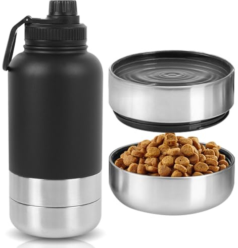 MIUUIPI Trinkflasche Hunde für Unterwegs, 950ml Hundetrinkflasche für Unterwegs, Isolierte Edelstahl Wasserflasche mit Futternapf und Wassernapf,Tragbare Hundeflasche,Thermoflasche Hund für Outdoor