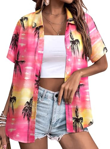 Yihelian Hawaiian Shirts for Women Summer Short Sleeve Top Floral Tropic Printing V Neck Button Down T Shirts Blouses Hot Pink