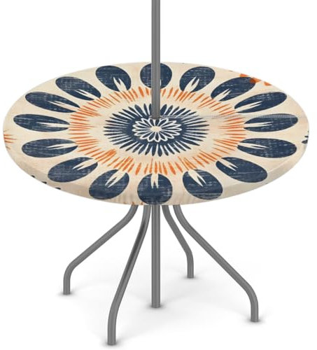 Woltant Nappe ronde avec trou de parasol et fermeture éclair facile à nettoyer avec bords élastiques pour jardin, terrasse, barbecue (fleurs rondes tribales)