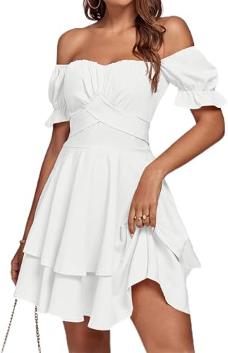 LYANER Women's Off Shoulder Casual Dress Solid White Small | Summer Tie Back Wrap Layer Ruffle A Line Short Sleeve Party Elegant Mini Dresses