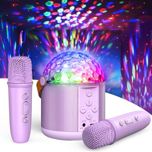 Mini-Karaoke-Maschine mit Disco-LED-Lichtern für Kinder und Erwachsene, Bluetooth-Karaoke-Mikrofon, singender Lautsprecher mit 2 kabellosen Mikrofonen und Licht für alle Smartphones, Geschenke