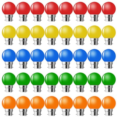 MZYOYO 40er Pack B22 LED Bajonett LED Bunte Glühbirne,1W Farbige Glühbirnen,B22 G45 Bunt,Gemischte Farben Leuchtmittel,Rot Gelb Blau Grün Orange,für Lichterkette Party Halloween Dekoration