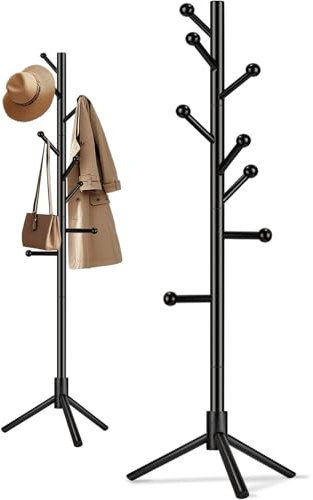 Briful Garderobenständer Kleiderbaum aus Holz – 175 cm Schwarz Freistehend, 8 Kugelförmige Haken, Stabiler Standfuß, Moderner Kleiderständer für Flur, Schlafzimmer oder Büro