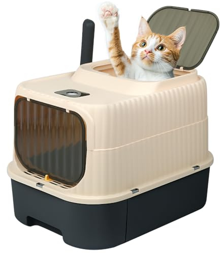 Bandeja de arena cerrada para gatos, casa de baño, bandeja extraíble, pala, para gato grande, capacidad de carga 15 kg, antifugas, gran casa de baño 37 x 49 x 37 cm (esterilizador) negro