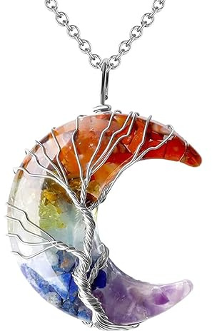 Générique Collier Pendentif Arbre De Vie Enroulé En Fil De Fer Reiki Pendentif Croissant De Lune Énergie Cristal Spirituel Bijoux Fait Main Naturel Gravier Pierre Précieuse Collier Pour Femme C
