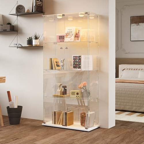 JiaOyu Glasvitrine mit LED-Beleuchtung, Vitrinenschrank mit Schloss, Glasvitrine Staubdicht für Sammlungen, Standvitrine Glasschrank für Wohnzimmer Schlafzimmer Büro (Weiß+LED+2Türen, 4 Schichten)