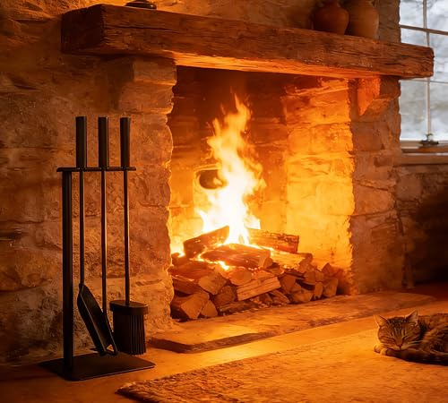 Calidola 4-Piece Compact Fireplace Tool Set, Small Fireplace Set with Poker, Shovel and Brush, 45cm H, 16x16cm Base, Black Powder Coated Steel for Small Spaces