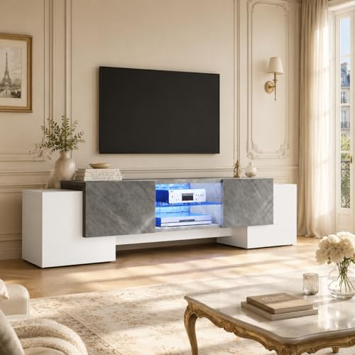 OLIVIBED Moderner TV Schrank mit Klapptüren, TV Board mit Glasböden, Fernsehtisch für 70-80 Zoll Fernseher, Fernseher Schrank für Wohnzimmer, Schlafzimmer, Weiß und Grau, 180x40x46.5cm