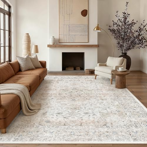 PureCozy Vintage Living Room Area Beige Rug, 240x300cm Machine Washable Non Slip Traditional Extra Large Cream Rugs for Bedroom Dining Room Office, Lightweight Stain Resistant Printed Beige Carpet