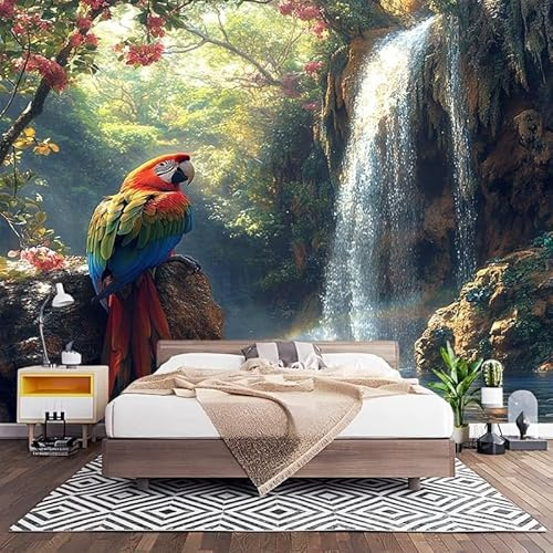 Papel Pintado Panorámico Fotomurales Cascada de Loros Coloridos 300x210 cm, Murales de Pared Decoración Póster in Tejido No Tejido Paisaje Natural Personalizado 3D Para Salón Dormitorio Oficina