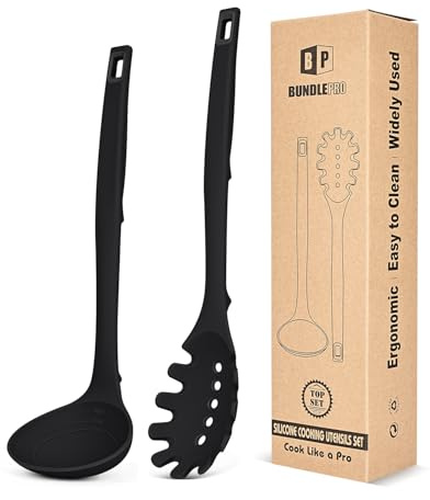 Silikon-Pasta-Gabel und Suppe-Ladel-Set, hitzebeständiges Antiklebriges Küchenutensilien mit Rücken-Haken, geeignet zum Kochen, Rühren, Servieren von Spaghetti, Suppe, Sauce (Schwarz)