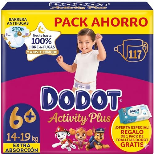 Dodot Activity Plus Pañales Talla 6+, 14-19 kg, Extra Absorción, 117 Unidades, con Barrera Antifugas y Toallitas de Regalo
