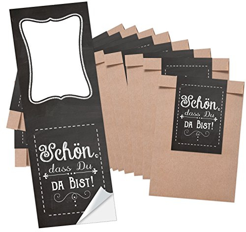 Logbuch-Verlag 25 kleine flache Papiertüten braun 8,5 x 13 cm + SCHÖN, DASS DU DA BIST Aufkleber schwarz weiß - Verpackung Gastgeschenke