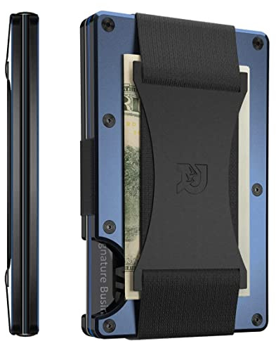 The Ridge Minimalist Slim Wallet for Men – Kreditkartenetui mit RFID-Blockierung auf der Vordertasche – kleine Geldbörsen aus Aluminium und Metall mit Gurt für Geldscheine (Marineblau), Niebieski,