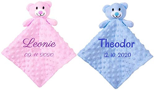 Wuff-Dogsworld Baby Kuscheltuch Teddy mit Namen Bestickt Minky rosa hellblau Noppen Geburt Taufe Geschenk (hellblau)