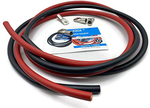 eXODA 50mm2 Batteriekabel Set 2m Rot Schwarz mit 4 M8 Kabelschuhen | Set-Inhalt: 2 Kabel und 4 Kabelschuhe, Kabellänge: 2 m, Polarität: Rot und Schwarz, Querschnitt: 50 mm², Anschluss: M8 Kabels