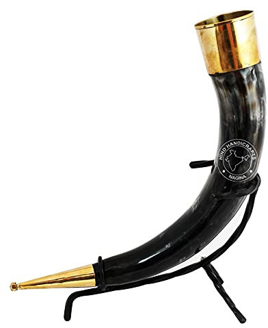 Hind Handicrafts 100% autentica boccale in corno di birra con fondo in legno duro e incisioni ad anello