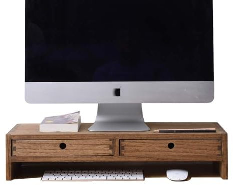 KIRIGEN Wood Monitor Stand with 2 Drawers Computer Arm Riser Desk Storage Organizer, TV Laptop Printer Stand,2-Tier Desktop Shelf Dark Brown