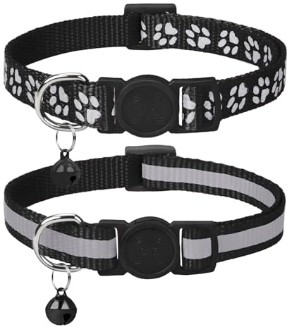 Taglory Reflekterande katthalsband med klocka och säkerhetsutlösning, 2-pack flicka pojke husdjur kattunge halsband justerbar 15-20 cm för 2-6 månader katt, svart