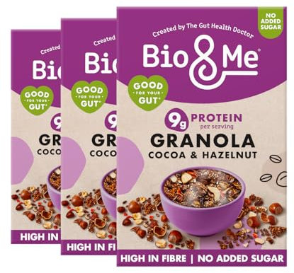 Bio&Me Cocoa Hazelnut Granola 3-Pack (3 x 360g) – Vegan, High Fibre, No Added Sugar, Gut-Loving Breakfast Cereal, High Protein Cereal
