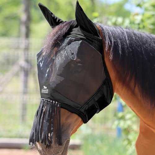 Harrison Howard CareMaster Maschera da mosca a cavallo con orecchie e frange naso maschera di defensore-Piano Black L