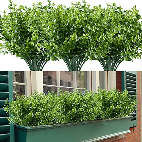 HAPLIA 20PCS Artificial Eucalyptus Plants,Fake Boxwood Shrubs UV Resistant No Fade Faux Plastic Greenery for Wedding Bridal Bouquet Indoor Outdoor Home Garden Kitchen Office Table Vase(Green)
