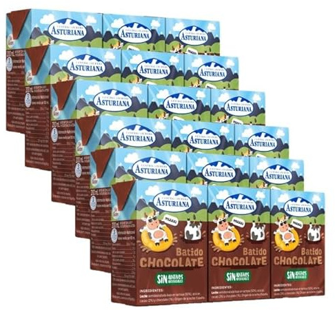 Central Lechera Asturiana - Batido de Chocolate, Caja de 6 Packs de 3 Briks de 200 mililitros, 18 Packs de 200ml, 3,6 Litros, Sin Aditivos Artificiales