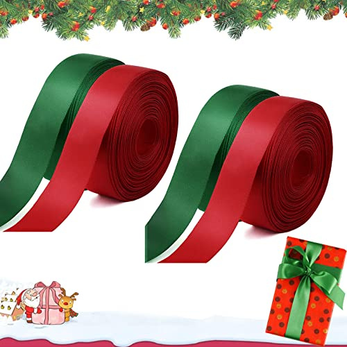 Weinachten Satinband Geschenkband Breit, 4 Rollen 25mm x 22m, Satinband Grün Rot Geschenkband Schleifenband Bänder, Schleifenband Weihnachten Stoffband zum Basteln Geschenk Verpackung