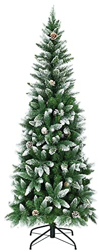 LIFEZEAL Beflockter Bleistift-Weihnachtsbaum, künstlicher Weihnachtsbaum mit X-förmigem Metallständer, Weihnachtsbaum mit Schnee und Tannenzapfen, ideal für Büro, Zuhause, grün (180cm)