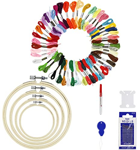 LAMXD 50 Pcs Embroidery Threads, Cross Stitch Threads, Embroidery Floss, Bracelets Floss, Crafts Floss Rainbow Color with Free Embroidery Needles,Floss Bobbins, Bamboo Embroidery Hoop