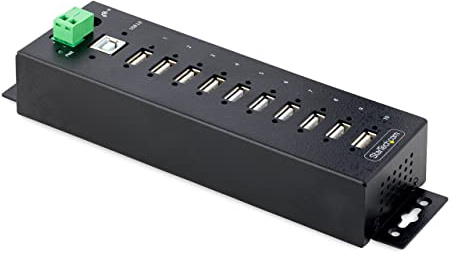 StarTech Hub USB 2.0 Industrial 10 Puertos, Robusto (USB210AIND-USB-A-HUB) | Protección ESD nivel 4 15kV/8kV, Puertos USB bloqueables, Acero laminado
