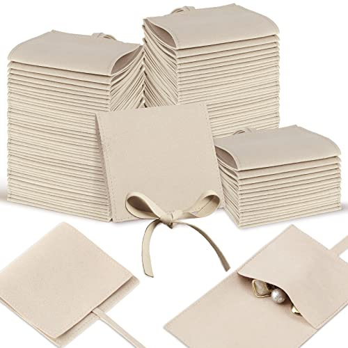Sotiff 80 Pcs Microfiber Jewelry Pouch 8x8 cm Jewelry Packaging Bag Luxury Small Gift Bag for Small Business Envelope Style Bracelet Packaging Bow Tie Microfiber Pouch with Strings Divider(Khaki)