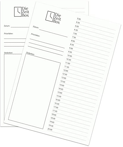 VIMPLUS – La caja de tiempo – Agenda diaria para hacer lista, bloc de tiempo DIN A5, 2 x 50 hojas (100 días) – DE – Tareas minimalistas, cita y calendario según el método probado de tiempo de boxing