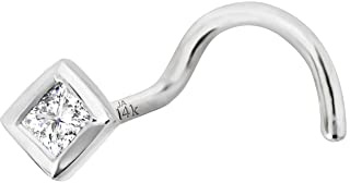 22G 14K White Gold Cork Screw Nose Stud Bezel Set 0.035ct Princess Cut Diamond - April Birthstone Nose Ring - NSCRWG_PWD15