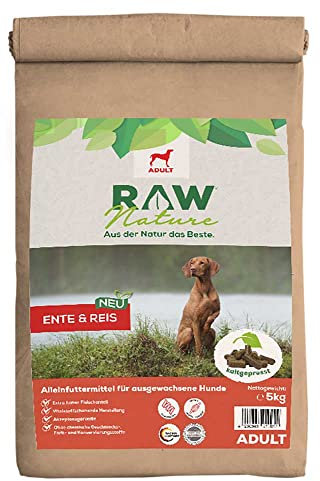 RAW Nature Trockenfutter Adult mit Ente 5kg, kaltgepresstes Hundefutter, Getreidefrei, 100% Muskelfleisch, hoher Fleischanteil, ohne künstliche Zusätze, für alle Rassen und Sensible Hunde geeignet