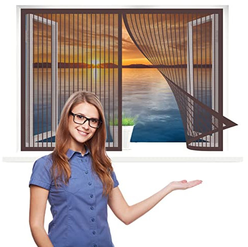 Magnetvorhang Fliegengitter, 155 x 115 cm Insektenschutz, Insektenschutzgitter Terrassentür, Klebmontage ohne Bohren für Alle Fenster, Braun