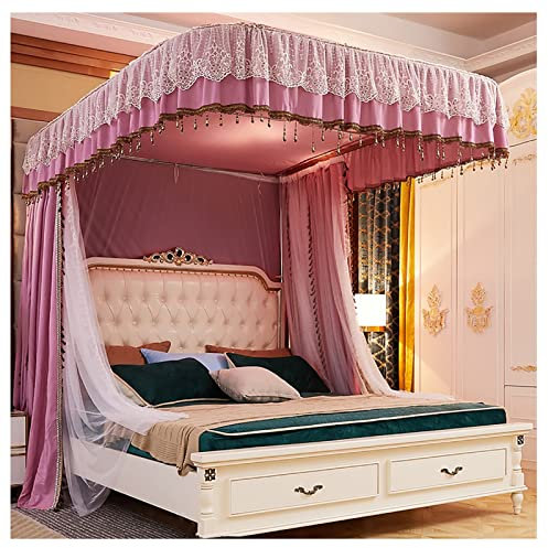 ZMYJTO Prinzessin Bettvorhang Himmelbett Vorhänge mit U-förmiger Schienenhalterung Moskitonetz für Queensize-Bett für Mädchen Erwachsene Geschenk (Größe: 215 x 200 x 215 cm, Farbe: Pink)