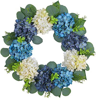 Generic Hydrangea Wreath Spring Wreaths Floral 40cm Home Decor Large Blue White Rustic Artificial Flower Wreaths Farmhouse Wreath for Front Door